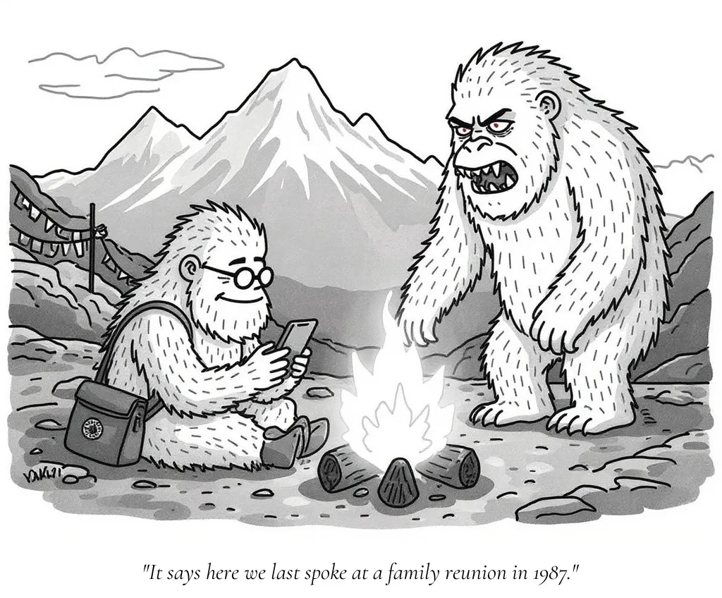 Bigfoot reading his phone by a campfire while a menacing red-eyed Yeti snarls at him in the Himalayas