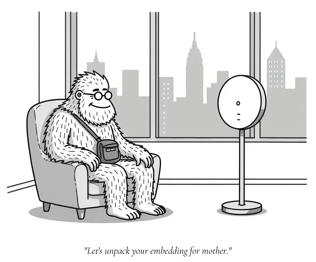 A New Yorker-style cartoon of Bigfoot visiting a therapist office in Manhattan